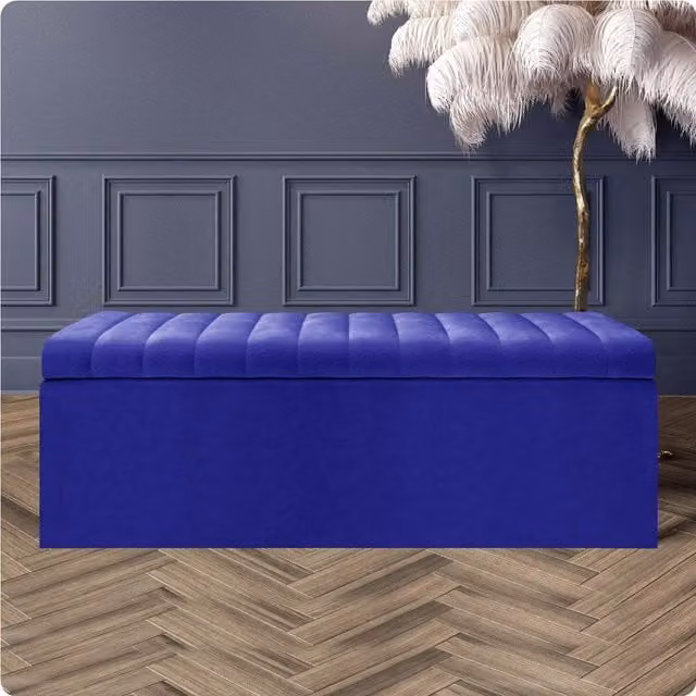 R&M Furnishers Safar Ottoman Storage Box, Striped Plush Velvet Upholstered Blanket Chest in Sapphire Blue