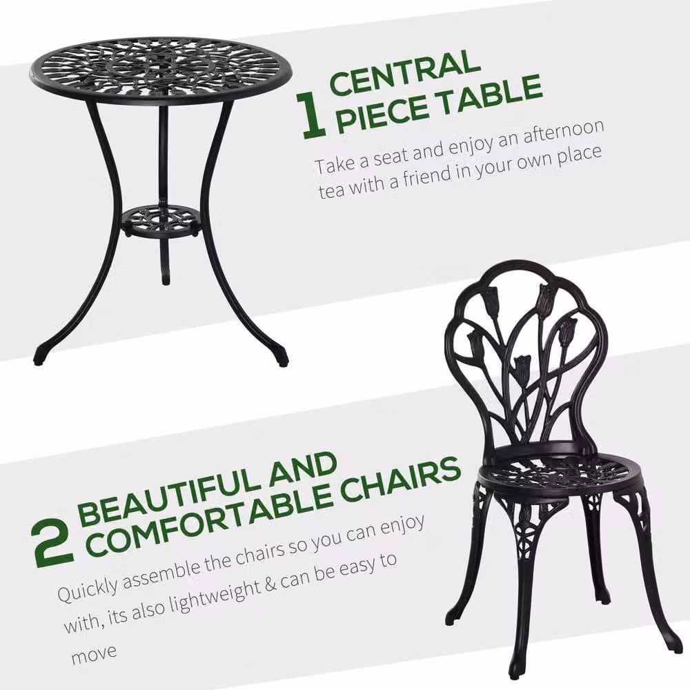OUTSUNNY 3 Piece Aluminium Bistro Set in Matt Black – 3