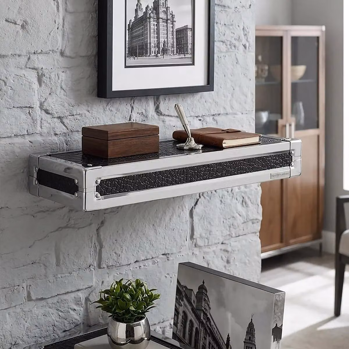 Orsina Black and Silver Crocodile Leather Effect Wall Shelf with Mirror and Back Panel, W: 61 cm, H: 21 cm, D: 9 cm – 2