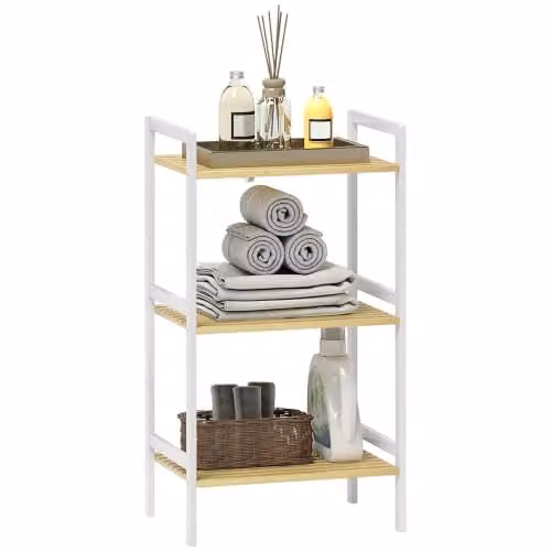 HOMCOM 3-Tier Freestanding Bamboo Bathroom Storage Shelf with Adjustable Shelves in Natural and White