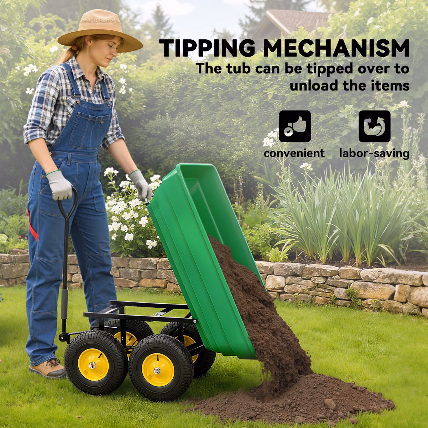 Outsunny 75 Litre Heavy Duty 4 Wheel Garden Cart Tipping Trolley in Green – 4