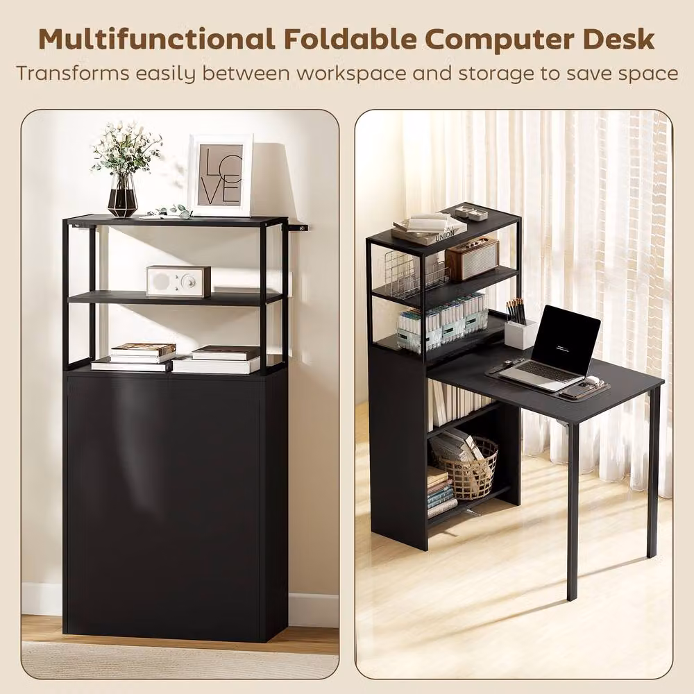 STILVORA Black Folding Desk with 4-Tier Storage – 6