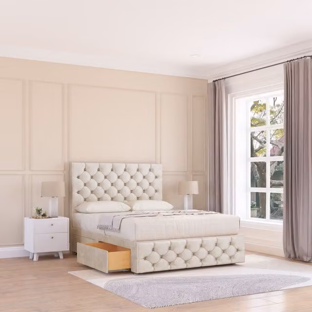 Sloomy Watson Chesterfield Divan Bed Base with 2 Drawers, Beige Fabric, Super King W/D/H: 200 x 200 cm