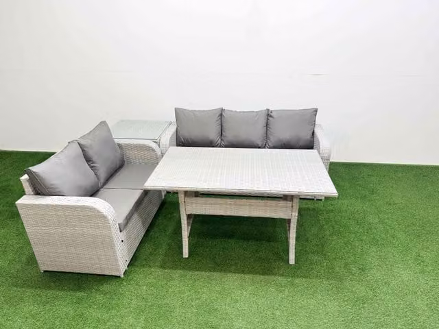 Fimous 5 Seater Grey PE Rattan Wicker Garden Furniture Set with Rectangular Dining Table, 3 Seater Sofa, Love Seat and Side Table