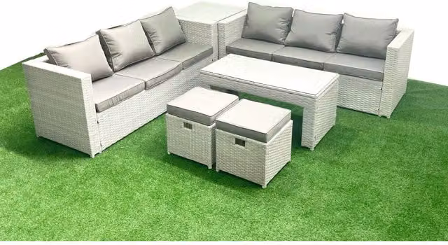 Fimous 8-Seater Rattan Garden Furniture Set in Grey with Coffee Table and Ottomans