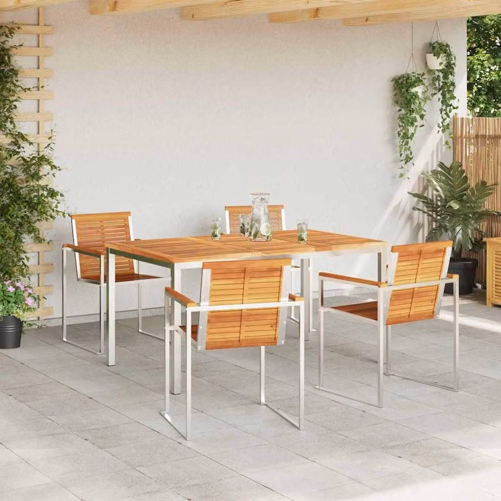 Berkfield Home 5 Piece Garden Dining Set in Brown Solid Acacia Wood and Steel – 3