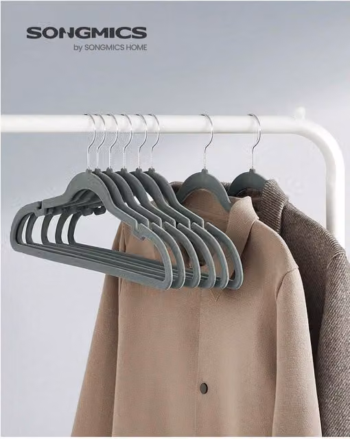 SONGMICS Non-Slip Velvet Coat Hangers in Grey with Notches and Swivel Hook, 2.2kg