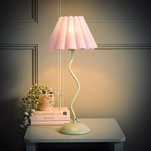 ValueLights Wiggle Lilac Pleated Scallop Metal Table Lamp in Green and Purple – 2