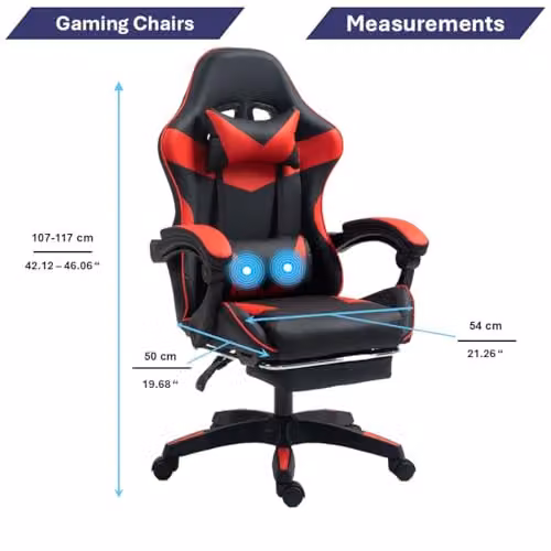 Home Treats Fabric Gaming Chair with Footrest and Lumbar Support in Black and Red – 3