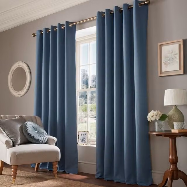 Laura Ashley Stephanie Ready Made Eyelet Blackout Curtains in Dark Seaspray Blue