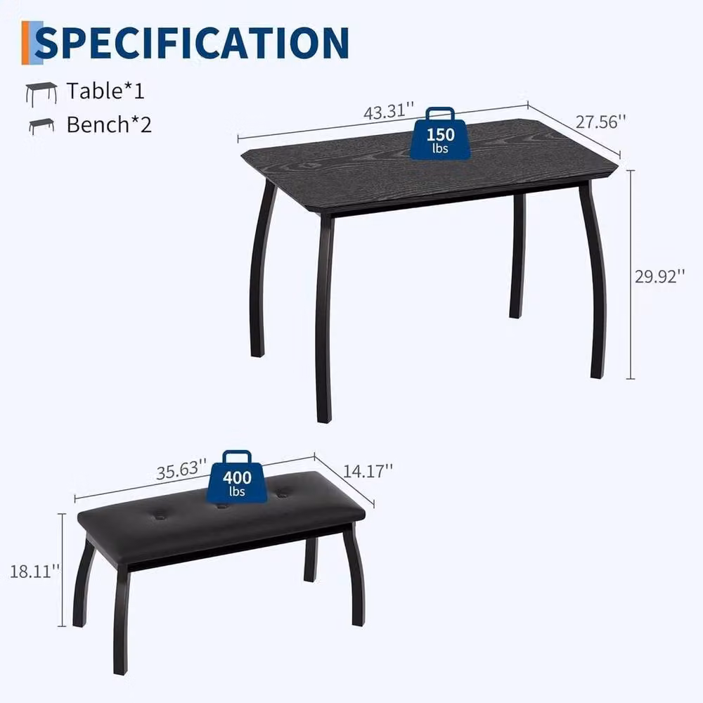 KORVIXA 3 Piece Modern Square Dining Table and Bench Set in Matt Black, W/D/H: 100 x 100 x 76 cm – 2