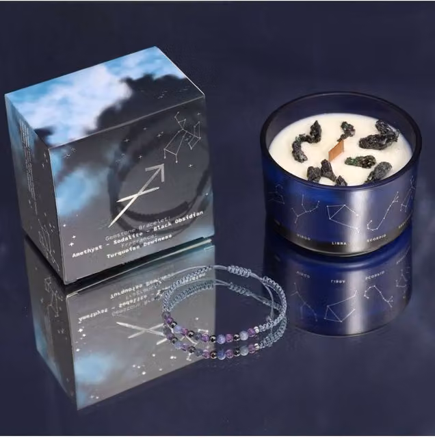 KDMD Sagittarius Zodiac Crystal Candle and Turquoise and Black Gemstone Bracelet Set in Blue