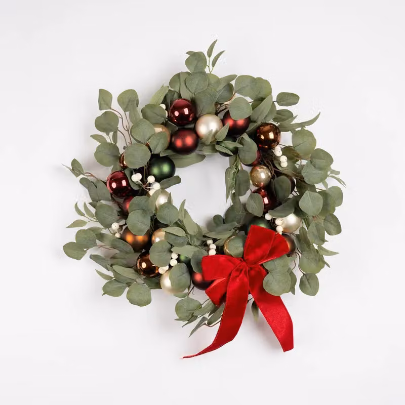 Scottish Everlastings Ltd Green Eucalyptus and Bauble Christmas Wreath with Velvet Bow, Diameter: 40 cm – 2