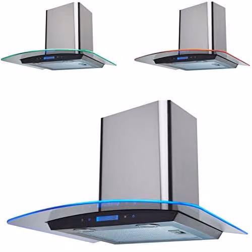 SIA Stainless Steel and Curved Glass Wall Mounted Cooker Hood Fan with Touch Control LED Edge Lighting, W: 60 cm, D: 55 cm, H: 49 cm