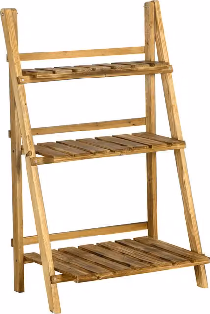 Outsunny 3 Tier Wooden Folding Flower Pot Stand, Brown Garden Planter Display Ladder, W: 37 cm, D: 60 cm, H: 93 cm – 1