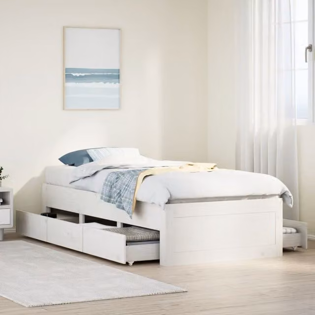 Berkfield Home Small Single Solid Wood Pine Bed Frame with Drawers, White, W: 75 cm, L: 190 cm