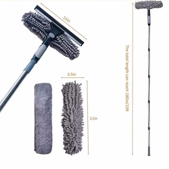 FLAVORA Grey Glass Cleaning Squeegee with Telescopic Handle and Microfibre – 1