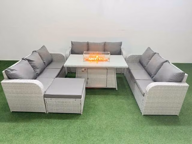 Fimous 10 Seater PE Rattan Outdoor Garden Furniture Set with Firepit Dining Table, 3 Seater Sofa and Large Footstool in Light Grey