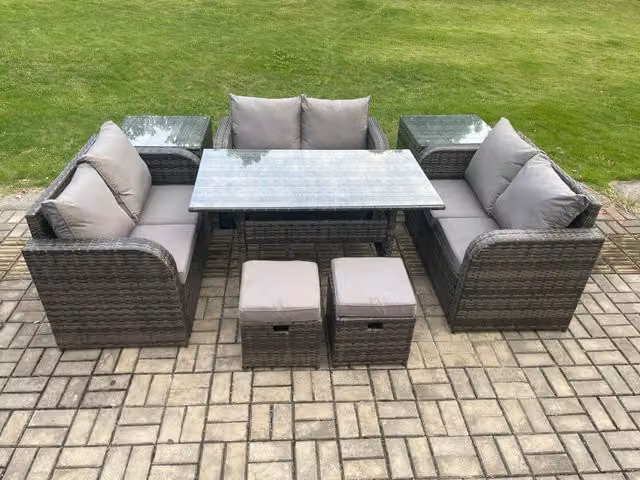 Fimous 8 Seater Rattan Garden Furniture Set in Dark Grey with Rectangular Dining Table, 2 Side Tables, Love Sofa and 2 Footstools