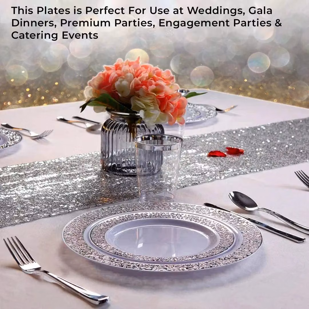 VOGREX 175-Piece Silver Disposable Plastic Dinnerware Set for 25 People – 2
