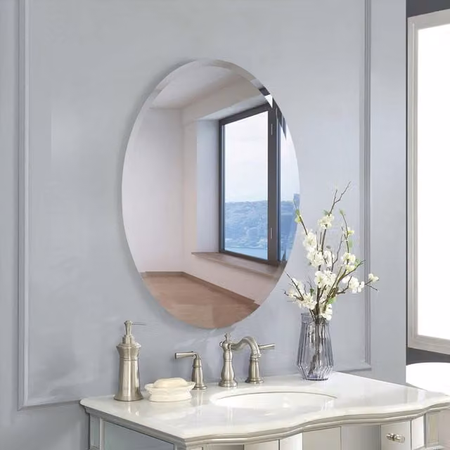 Livingandhome Modern Oval Frameless Wall Mounted Bathroom Mirror, White, W: 50 cm, H: 70 cm