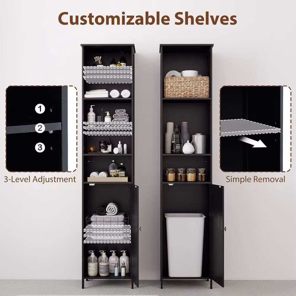 Gymax Black Slim Bathroom Tall Floor Cabinet with 5 Open Shelves and Hinged Doors – 7