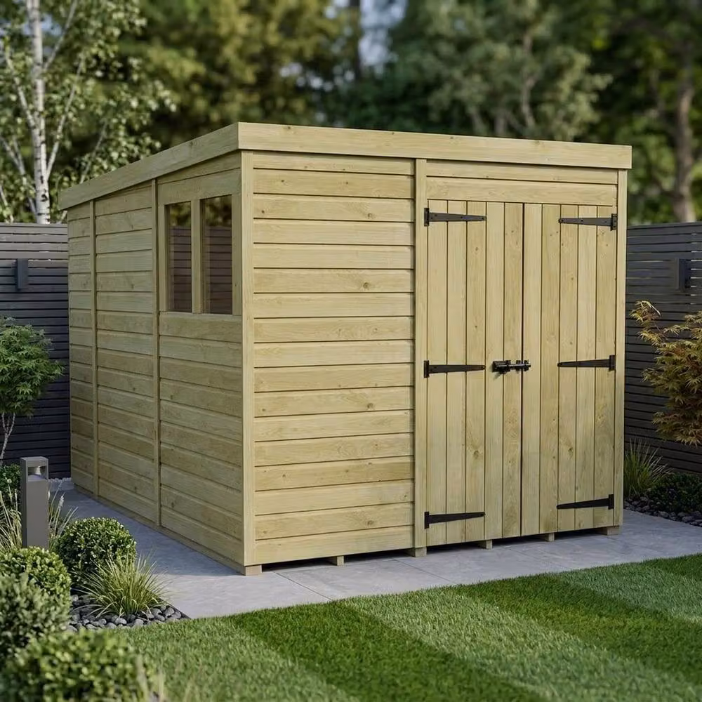 Buttercup Farm Brown Timber Pent Garden Shed with Double Doors and Windows, W: 304.8 cm, D: 213.36 cm, H: 213 cm – 2