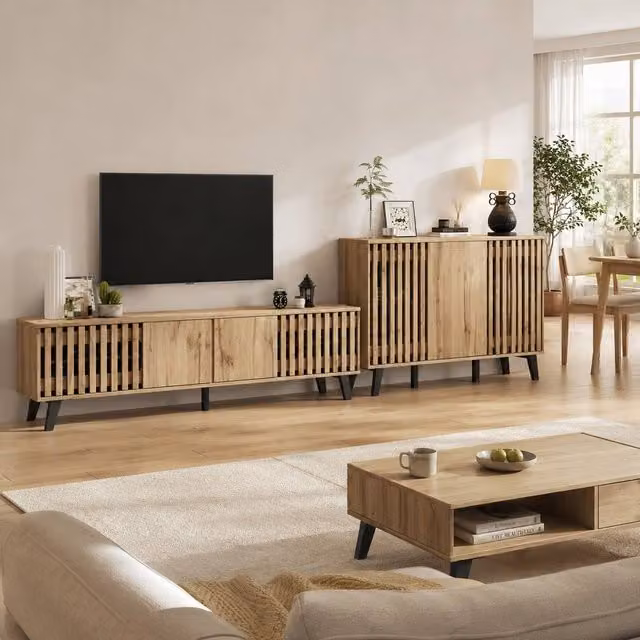 Merax Modern Wood Effect Living Room Furniture Set in Brown featuring 180cm TV Stand and 150cm Sideboard