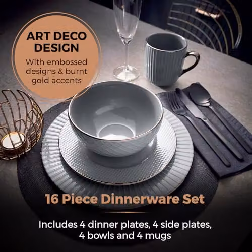 Tower Empire 16 Piece Geometric Stoneware Dinnerware Set in Grey and Bronze – 2