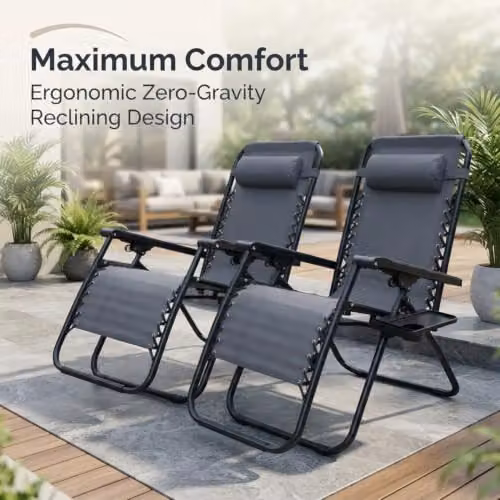 Alivio Zero Gravity Sun Lounger in Dark Grey with Textilene Fabric, Adjustable Headrest and Cup Holders – 3