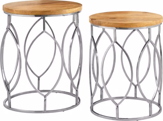 Orsina Set of 2 Round Mango Wood and Silver Stainless Steel Side Tables – 1