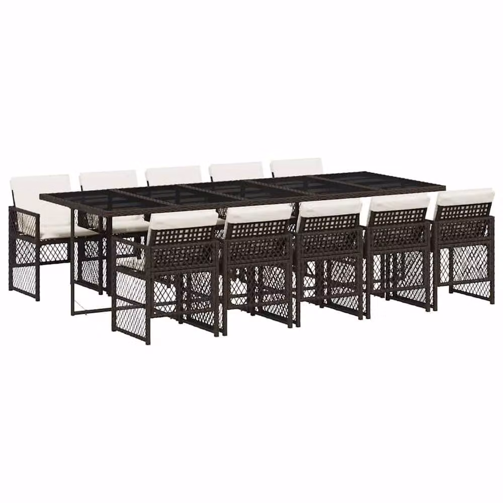 Berkfield Home 11 Piece Brown Poly Rattan Garden Dining Set with Cushions and Glass Tabletop – 2
