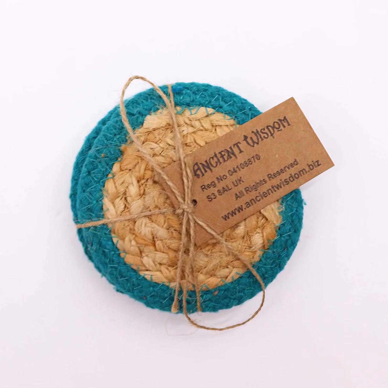 KDMD Natural Jute and Cotton Coaster Set of 4 with Blue Petrol Border, Diameter: 10 cm – 2