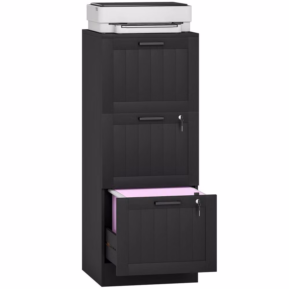 ERGOVEXA Lockable 3 Drawer Metal Filing Cabinet in Matt Black, W/D/H: 40 x 15 x 101 cm – 2