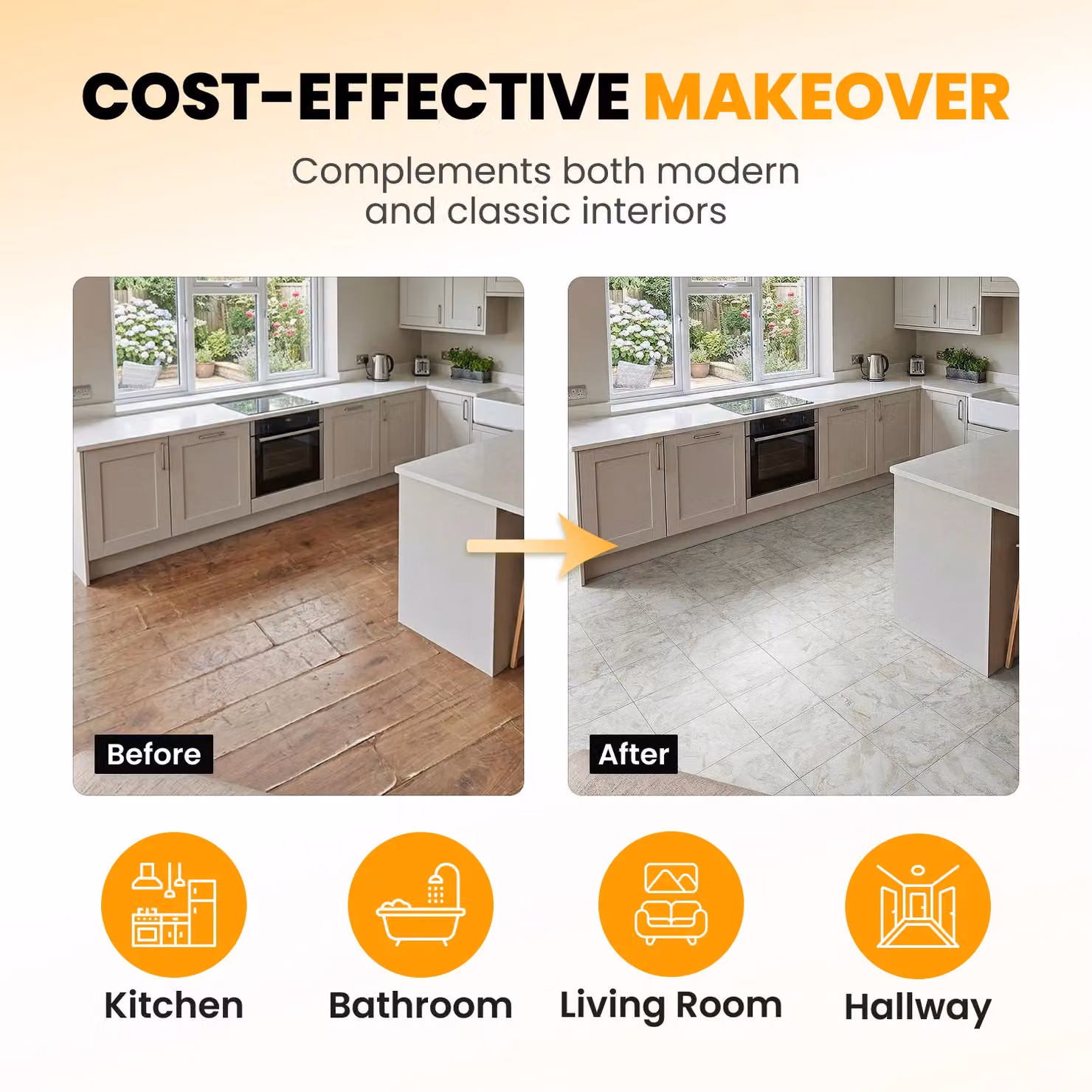 Novecrafto Self Adhesive Vinyl Floor Tiles, Beige Marble Flow Stone Look, 30 Pack, W/D/H: 30.5 x 30.5 x 1.5 cm – 4
