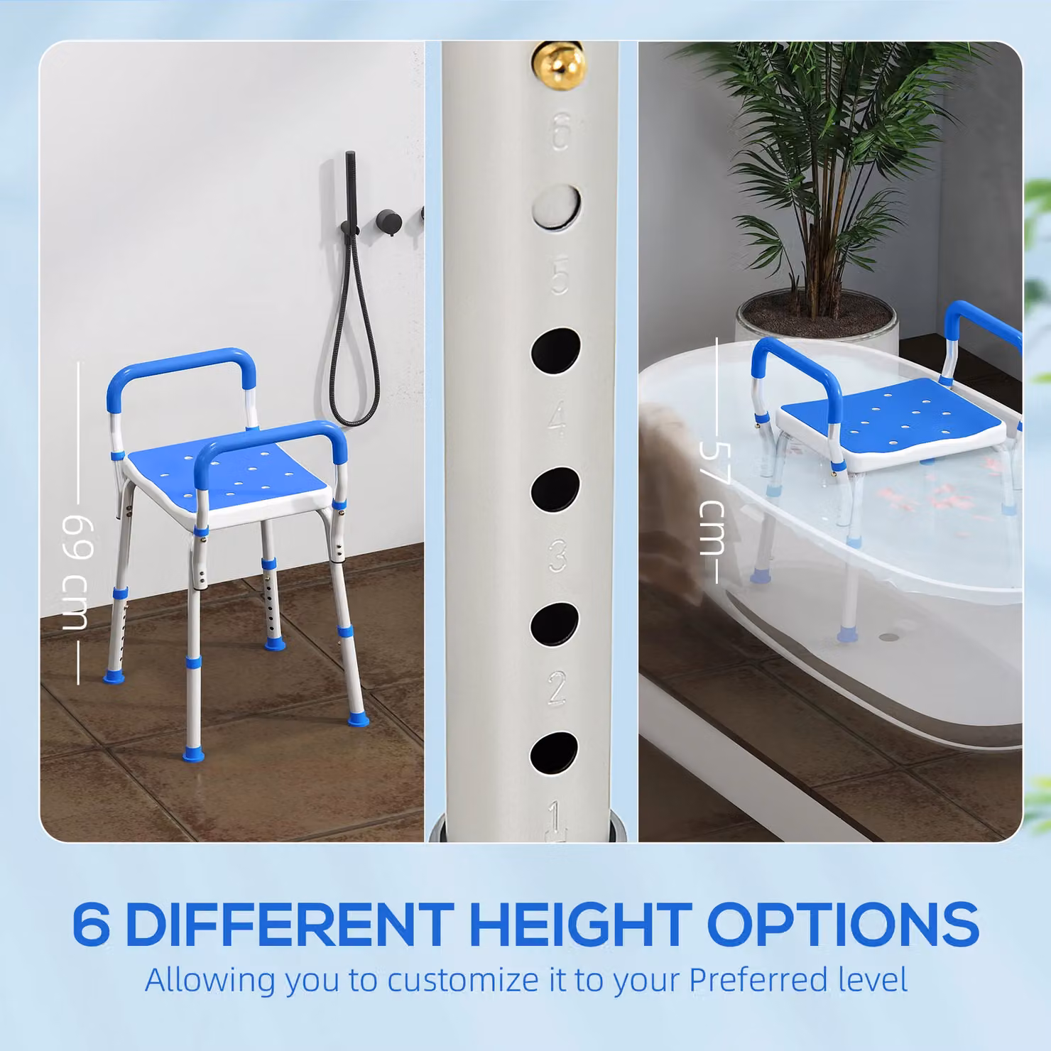 HOMCOM Non-Slip Blue Shower Stool with Adjustable Height and Drainage Seat for Seniors – 3