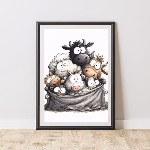 60 Second Makeover Quirky Farm Animals Print Wall Art Poster, Multicolour, A4