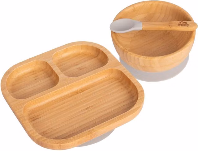Tiny Dining 3-Piece Bamboo and Silicone Segmented Suction Feeding Set in Grey and Brown – 1