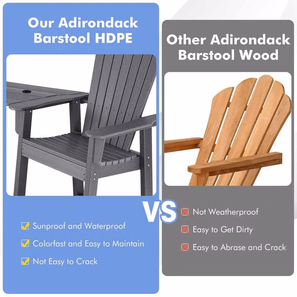 Gymax Grey Adirondack Chair Set with Double Barstools and Middle Connecting Tray – 6
