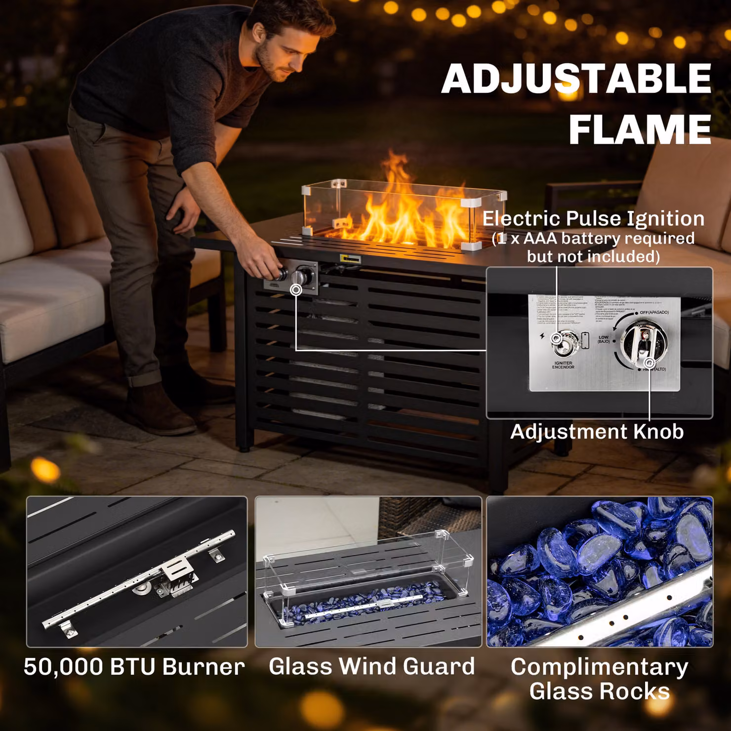 Outsunny Propane Gas Fire Pit Table in Black with 43 inch Steel Tabletop, 50,000 BTU Pulse Ignition, Stainless Steel Burner, Glass Wind Guard and Cover – 5