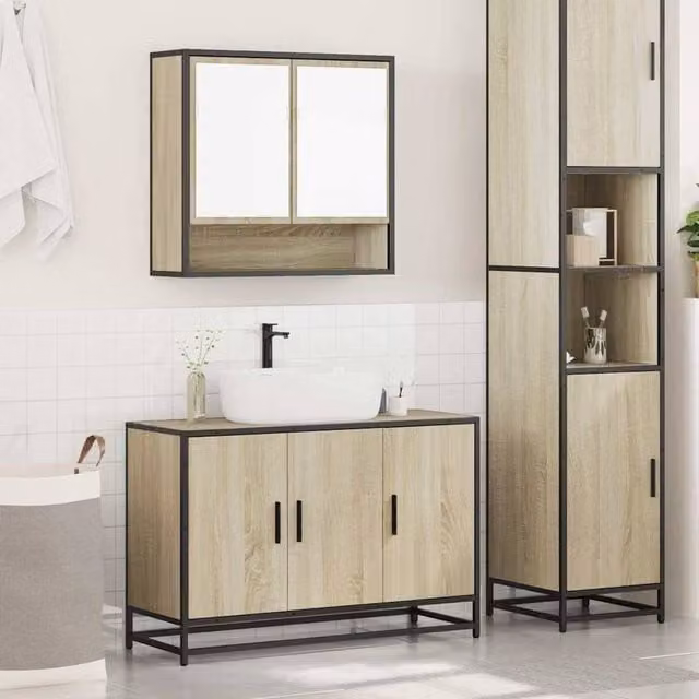 Berkfield Home 2 Piece Bathroom Furniture Set in Sonoma Oak and Light Brown, including Vanity Unit and Mirror Cabinet
