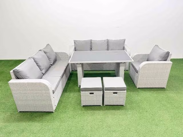 Fimous 9-Seater Patio Rectangular Table and Sofa Set with 2 Small Stools in Light Grey
