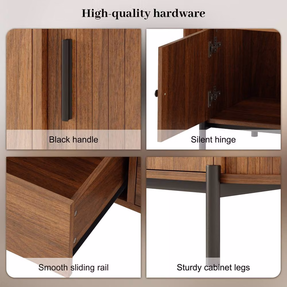 BTM Scandinavian Rattan TV Cabinet with Sliding Doors and Drawers in Walnut Brown and Black – 4