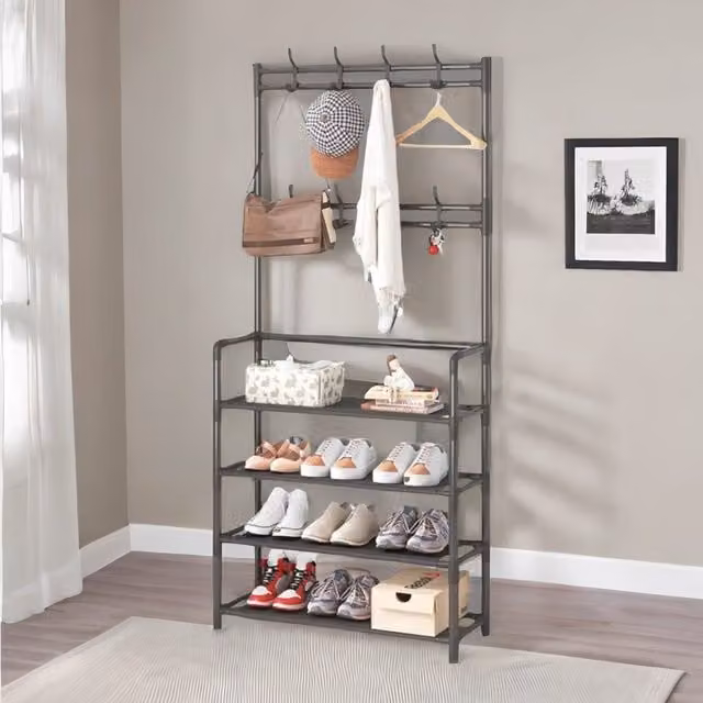 Rafaelo Mobilia Industrial Metal Hall Tree Shoe Rack with Clothes Hangers in Matt Black