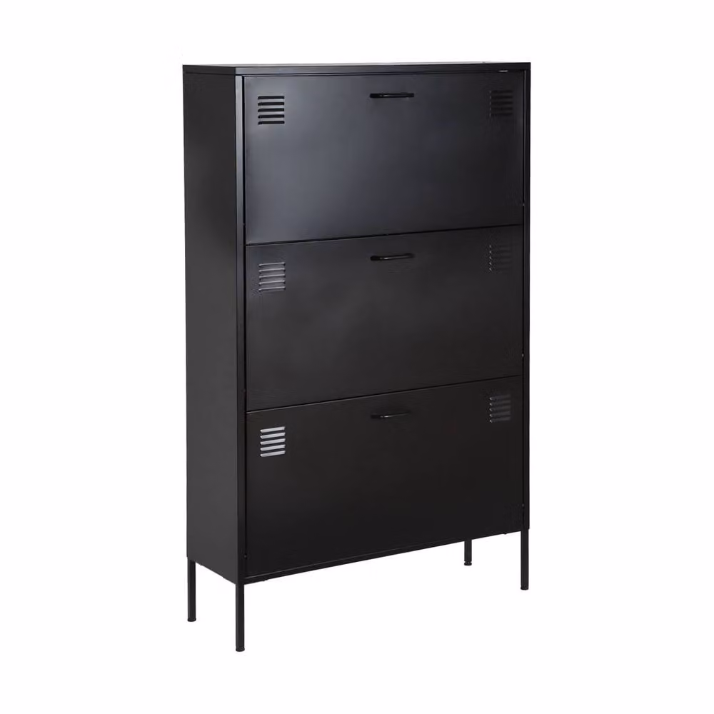 sweeek Industrial Metal Shoe Cabinet with Roll Shutter Doors and Tilting Compartments in Black and Beige, W/D/H: 80.0 x 29.0 x 132.5 cm – 2
