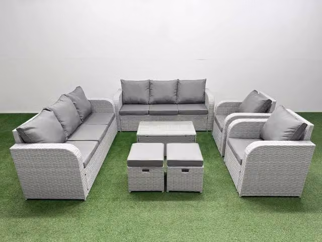 Fimous PE Rattan High Back Lounge Sofa Set in Light Grey with 3 Seater Sofa, Reclining Armchair, Ottoman and Coffee Table