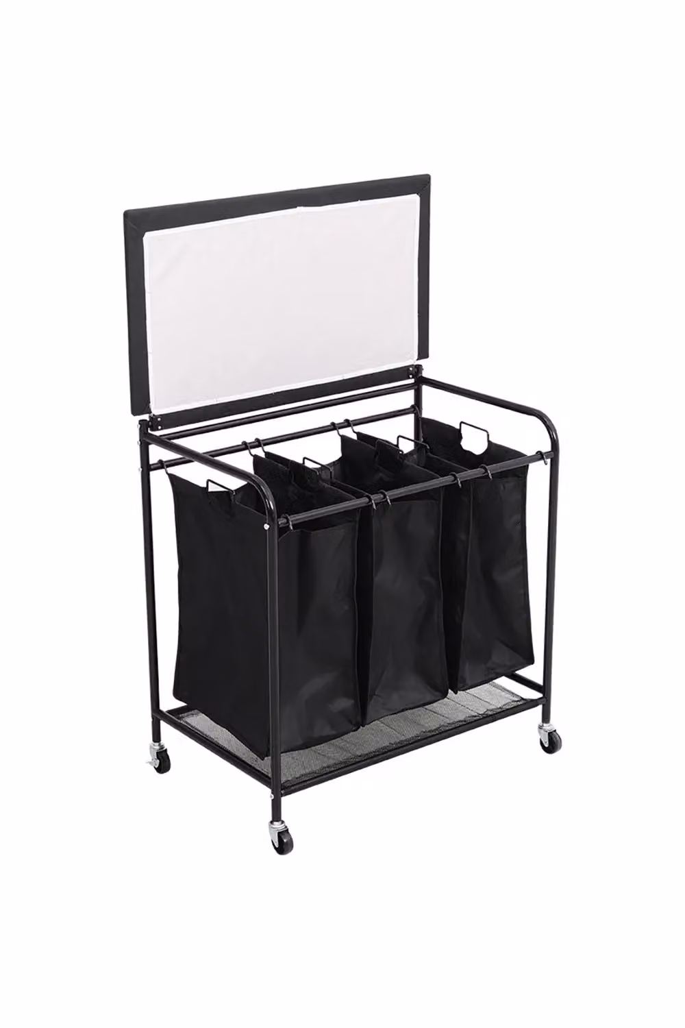 Living and Home 3-Section Rolling Laundry Sorter Hamper with Lift-Up Ironing Board in Black – 3
