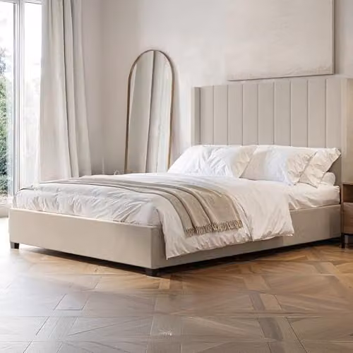 Flair Furnishings Tiggy Ottoman Bed, King Size Upholstered Bed Frame with Storage and Winged Headboard in Beige Velvet, W/D/H: 180 x 200 x 130 cm