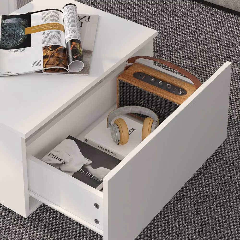 KEEPREAPER Modern Rectangular Coffee Table with Storage and Sliding Drawers in White Glossy Wood Finish – 4