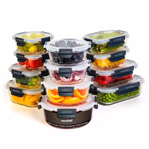 VonShef 12 Piece Glass Meal Prep Food Storage Containers with Airtight Snap Lids, Transparent – 6